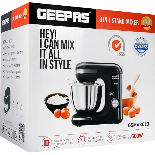 Geepas 3 In 1 Mixer Cum Blender 600w - 7 Level Speed, 5 Litre Stainless Steel Bowl - GEEPAS - Image 2