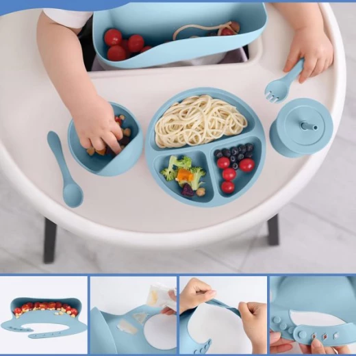 طقم طعام سيليكون للأطفال، باللون الأزرق من جليتر بيبي - جليتر بيبي - Image 2