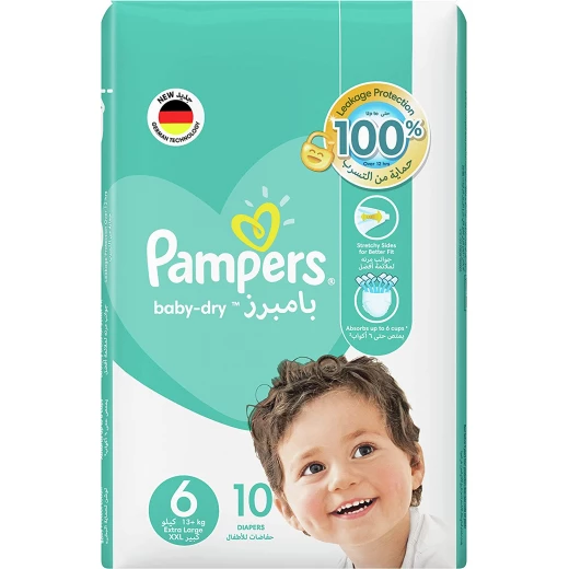 حفاضات بامبرز بيبي دراي ، مقاس 6 ، كبير جداً ، 13+ كلغ ، عبوة للحمل ، 10 حفاضات حفاضات بامبرز بيبي دراي ، مقاس 6 ، كبير جداً ، 13+ كلغ ، عبوة للحمل ، 10 حفاضات