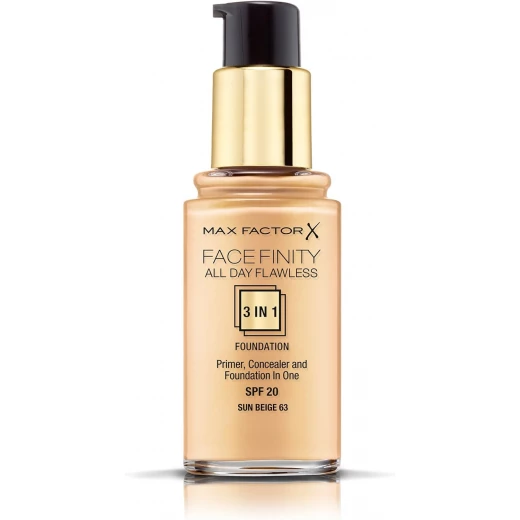 Max Factor Facefinity 3 in 1 Foundation 63 Sun Beige Long Lasting Coverage 30ml Makeup Base Max Factor Facefinity 3 in 1 Foundation 63 Sun Beige Long Lasting Coverage 30ml Makeup Base