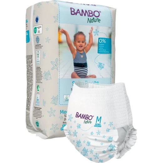 Bambo Nature Swim Pants, Size M (12+ kg), 12 Disposable Swim Diapers, Leak-Proof, Soft Fit, Tear-Away Sides, Breathable Material Bambo Nature Swim Pants, Size M (12+ kg), 12 Disposable Swim Diapers, Leak-Proof, Soft Fit, Tear-Away Sides, Breathable Material