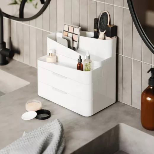 منظم مستحضرات التجميل الأبيض Glam من Umbra مع أدراج، تخزين المكياج والعناية بالبشرة، تصميم لطاولة الزينة - أومبرا - Image 4