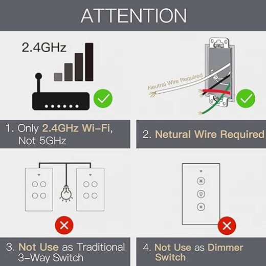 Moes 2.4GHz WiFi Wall Touch Smart Switch Neutral Wire Required, - MOES - Image 4