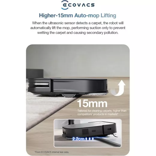مكنسة وممسحة روبوت ECOVACS DEEBOT X2 Omni، شفط 8000 باسكال، رفع 15 مم، محطة أومني مع غسيل ممسحة الماء الساخن، تفريغ ذاتي، تجفيف الهواء الساخن، إعادة التعبئة التلقائية، تجنب العوائق، أسود - ايكوفاكس - Image 4