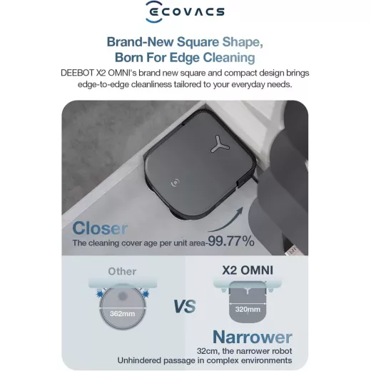مكنسة وممسحة روبوت ECOVACS DEEBOT X2 Omni، شفط 8000 باسكال، رفع 15 مم، محطة أومني مع غسيل ممسحة الماء الساخن، تفريغ ذاتي، تجفيف الهواء الساخن، إعادة التعبئة التلقائية، تجنب العوائق، أسود - ايكوفاكس - Image 2