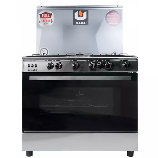 Nara Gas Cooker 90 cm Full Safety Silver color with black glass Nara Gas Cooker 90 cm Full Safety Silver color with black glass