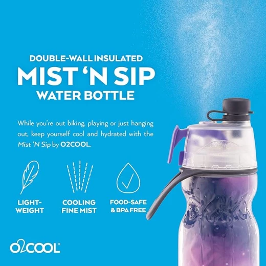 زجاجة ماء O2COOL Mist 'N Sip مع وظيفة الرذاذ والشرب 2 في 1، مزودة بفتحة سحب علوية بدون تسرب، زجاجة ماء رياضية قابلة لإعادة الاستخدام - 20 أونصة (بنفسجي سماوي) - اوه تو كول - Image 3