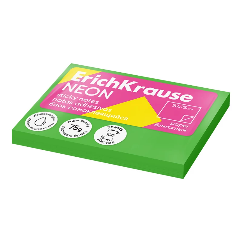 ErichKrause Adhesive notes for notes, 50x75mm, 100 sheets, neon green - ErichKrause
