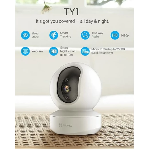 كاميرا مراقبة منزلية ذكية EZVIZ CS-TY1 بدقة 1080 بكسل، بتقنية WiFi، مع خاصية اكتشاف الحركة، تتبع ذكي، محادثة ثنائية الاتجاه، رؤية ليلية ذكية، وضع السكون، فتحة بطاقة MicroSD، وميزات التحكم الصوتي مع أليكسا. - إزفيز - Image 3