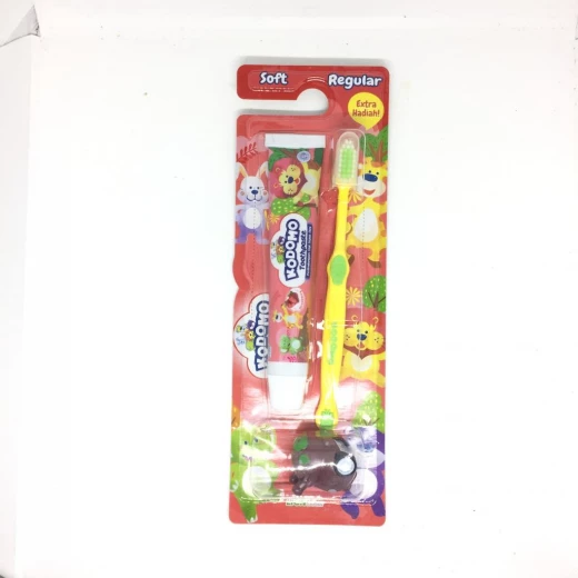 Kodomo 2 in 1 Zig Zag Strawberry Flavored Brush and Toothpaste with Free Small Gift, Yellow Kodomo 2 in 1 Zig Zag Strawberry Flavored Brush and Toothpaste with Free Small Gift, Yellow