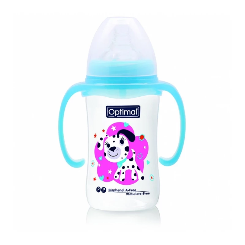 Optimal Wide Neck Baby bottle With Handle, Blue Color, 240 Ml - Optimal