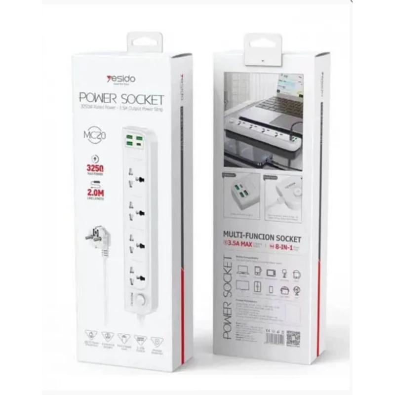 يسيدو MC20 شريط طاقة 4 مخارج 2 متر 3.5A مع شحن PD 15W + 3 USB-A - يسيدو