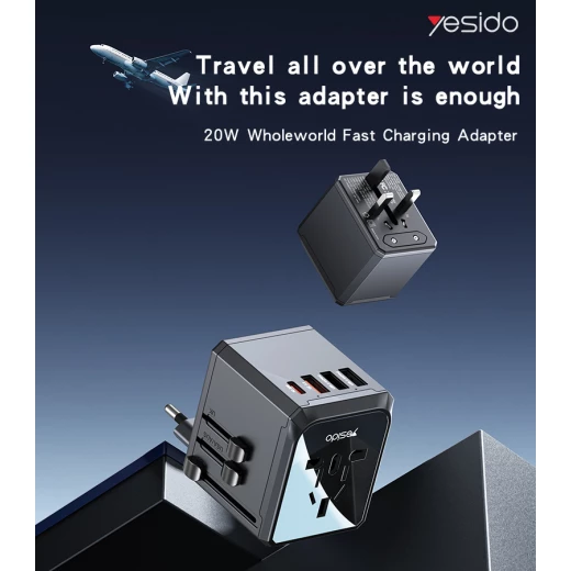 ييسيدو MC24 محول شاحن متعدد الوظائف 20W مع 3 منافذ USB + منفذ Type-C للسفر (أسود) - يسيدو - Image 6