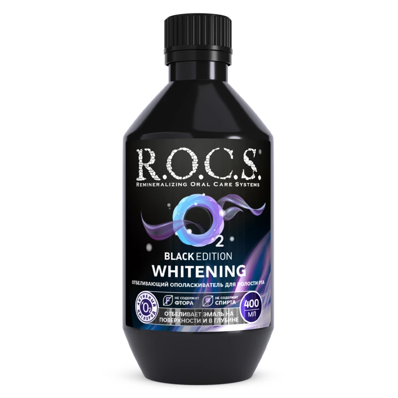 ROCS Mouthwash Black Edition 400ml (Alcohol-Free) – Whitens Teeth with Active Oxygen, Fights Bad Breath & Gum Inflammation | Fluoride-Free, SLS-Free, Dye-Free Oral Care - R.O.C.S