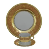 Falken Porzellan Dinner Set of 93 Pieces for 12 Person White Porcelain with Gold Pattern