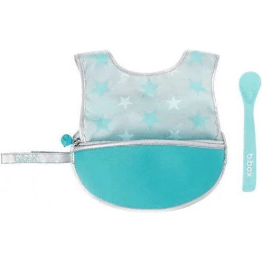 B-Box,Travel Bib Spoon Flexible Soft Bite, Palm Pattern, Adjustable Neck Strap, BPA Free, Phthalate Free, PVC Free, Machine Washable and Folds into Its Own Bag Silver, Blue - B.Box - Image 4