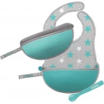 B-Box,Travel Bib Spoon Flexible Soft Bite, Palm Pattern, Adjustable Neck Strap, BPA Free, Phthalate Free, PVC Free, Machine Washable and Folds into Its Own Bag Silver, Blue - B.Box