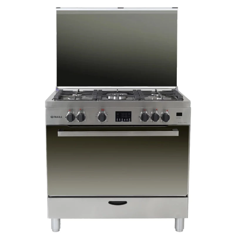 Nara 90cm Matt Stainless Steel Gas Cooker with Wok Burner - 5 Burners, Versatile Cooking Appliance. Featuring a durable stainless steel design, this efficient gas cooker offers five burners, including a wok burner for diverse culinary needs. Perfect for any modern kitchen. - Nara