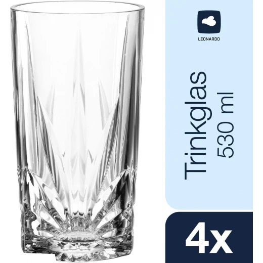 Leonardo Capri Drinking Glasses, Set of 4, Dishwasher Safe Juice Glasses with Relief Facet Cut, XL Water Glass, Large Glass Drinking Cup, 530 ml - Leonardo - Image 2