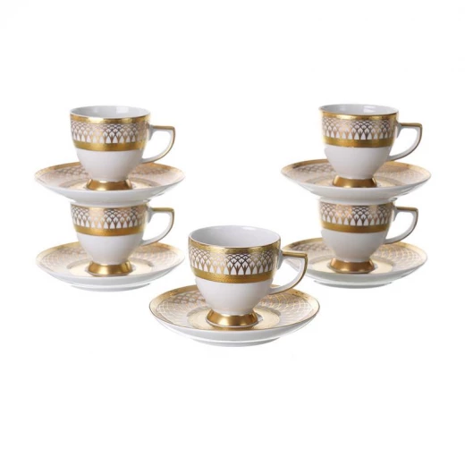 Falken Porzellan Turkish Coffee Cup & Saucer Set of 6 Pieces White Porcelain with Gold Design Falken Porzellan Turkish Coffee Cup & Saucer Set of 6 Pieces White Porcelain with Gold Design