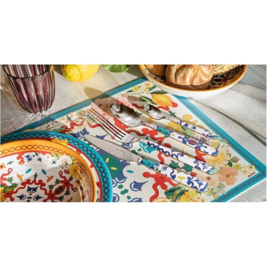 طقم أدوات مائدة رسم زهور و ليمون مكون من 24 قطعة من الفولاذ المقاوم للصدأ أزرق من جوزيني - غوزيني - Image 3