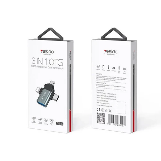 محول يسيدو OTG GS-15 من لايتنينغ، مايكرو، USB-C إلى USB 2.0 لنقل البيانات السريع باللونين الأسود والرمادي