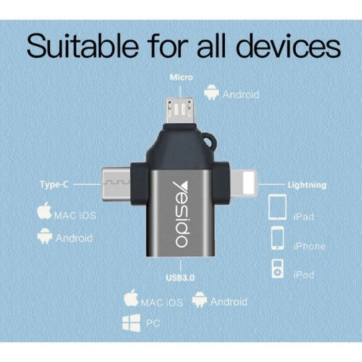 محول يسيدو OTG GS-15 من لايتنينغ، مايكرو، USB-C إلى USB 2.0 لنقل البيانات السريع باللونين الأسود والرمادي - يسيدو - Image 5
