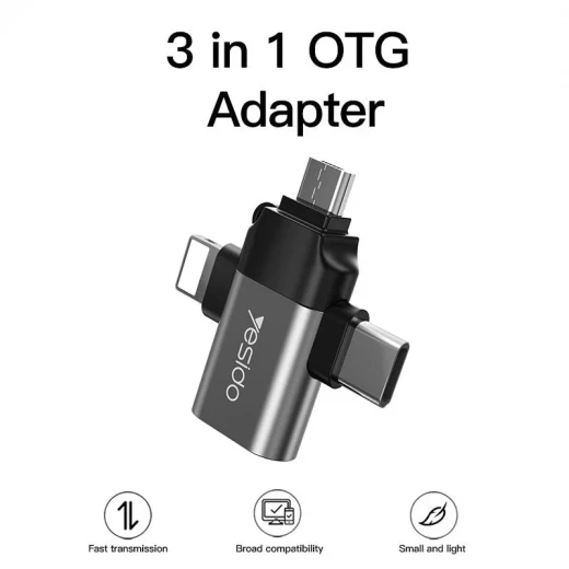 محول يسيدو OTG GS-15 من لايتنينغ، مايكرو، USB-C إلى USB 2.0 لنقل البيانات السريع باللونين الأسود والرمادي - يسيدو - Image 2