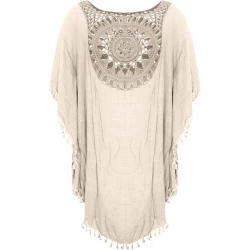 Tassel Stylish Cover Up Dress, Round Neck Loose Fit Crochet Decor Beach Kaftan