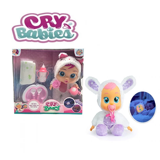 Cry Baby Goodnight Interactive Baby Doll Soft Pajama Bunny Outfit 24 cm Sound Doll with Movable Arms and Legs Mama Papa Crying Sounds Plus Full Feeding and Caring Accessories Set, from 3 years - Cry Babies - Image 2