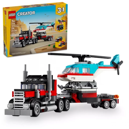 LEGO Creator 3 في 1 شاحنة مسطحة مع لعبة هليكوبتر، تتحول من شاحنة مسطحة إلى طائرة مروحية إلى هوت رود وسيارة SUV، فكرة هدية للأولاد والبنات من عمر 7 سنوات فما فوق، 31146 من ليغو LEGO Creator 3 في 1 شاحنة مسطحة مع لعبة هليكوبتر، تتحول من شاحنة مسطحة إلى طائرة مروحية إلى هوت رود وسيارة SUV، فكرة هدية للأولاد والبنات من عمر 7 سنوات فما فوق، 31146 من ليغو
