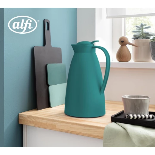 Eco Boho Vacuum Jug 1 Liter Matt Green with Hygienic Tempered Glass Filler Made of Plastic, Screw Lid with Convenient Push Button - Alfi - Image 4