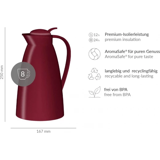 Alfi Eco Vacuum Jug 1 Liter Ruby Red Matt with Hygienic Tempered Glass Filler Made of Plastic, Screw Lid with Convenient Push Button - Alfi - Image 2