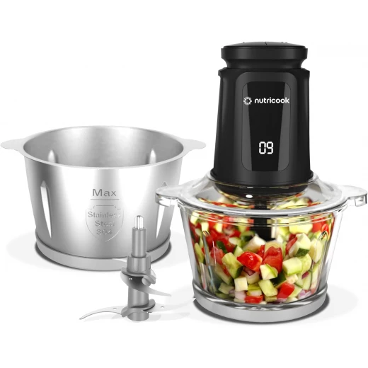 Nutricook 2+2 L XXXL Glass & Stainless Steel Chopper and Mincer,500W -Pulse & 2 speeds, 2-Removable 4 SS -Blade for Chopping, Ice Crushing, Meat Mincing, Grinding, Pureeing & more - BLk, 1 Yr Warranty,NC-CH2000 Nutricook 2+2 L XXXL Glass & Stainless Steel Chopper and Mincer,500W -Pulse & 2 speeds, 2-Removable 4 SS -Blade for Chopping, Ice Crushing, Meat Mincing, Grinding, Pureeing & more - BLk, 1 Yr Warranty,NC-CH2000