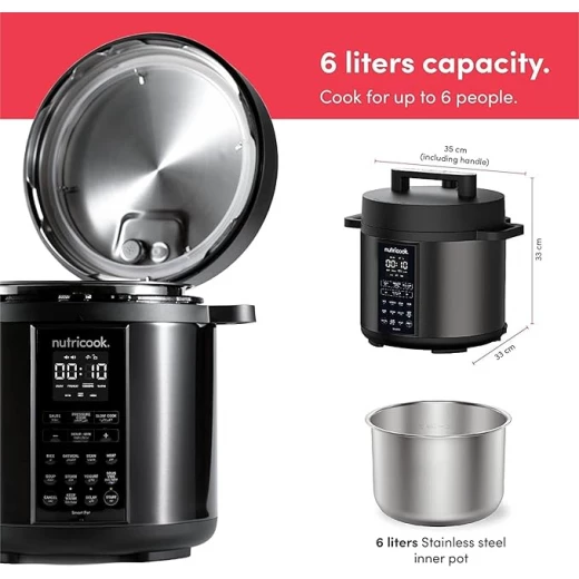 Nutricook Smart Pot 2 1000 Watts - 9 In 1 Instant Programmable Electric Pressure Cooker, 6 Liters, 12 Smart Programs, 2 Years Warranty, Black, Sp204K - Nutricook - Image 5