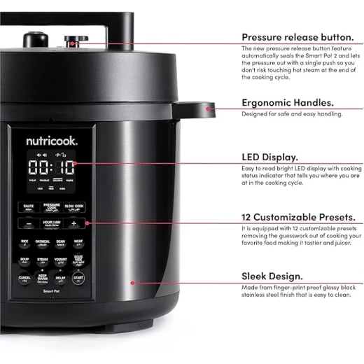 Nutricook Smart Pot 2 1000 Watts - 9 In 1 Instant Programmable Electric Pressure Cooker, 6 Liters, 12 Smart Programs, 2 Years Warranty, Black, Sp204K - Nutricook - Image 6