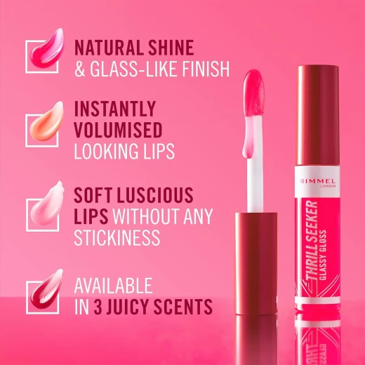 Rimmel London Thrill Seeker Pink Candy Glassy Lip Gloss 10ml Hydrating Non Sticky Vegan Formula - Rimmel London - Image 4