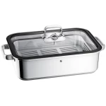 صينية التحميص فيتاليس بسعة 3.5 لتر مع غطاء زجاجي بحافة سيليكون من الفولاذ المقاوم للصدأ كرومارجان مع ترمومتر مدمج ورف تبخير قابل للإزالة آمنة للفرن والحث الحراري من دبليو ام اف - دبليو إم إف