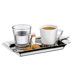 WMF Culture Coffee Set 80ml Porcelain Cup with Stainless Steel Handle, Small Glass, Coffee Spoon & Tray (19.8x10.7cm) Elegant White & Steel Design