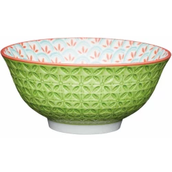 Kitchen Craft Glazed Stoneware Bowl with Geometric Pattern, Bright Green Ceramic Bowls with Footed Base, Microwave & Dishwasher Safe, 15.7 cm (6")