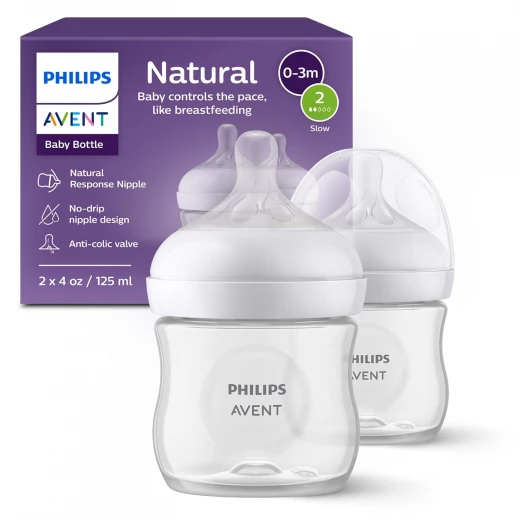 Philips Avent Natural Baby Bottles with Natural Response Nipples (Slow Flow, Flow 2), 4oz, 125ml, 2-Pack, SCY900/02 Philips Avent Natural Baby Bottles with Natural Response Nipples (Slow Flow, Flow 2), 4oz, 125ml, 2-Pack, SCY900/02