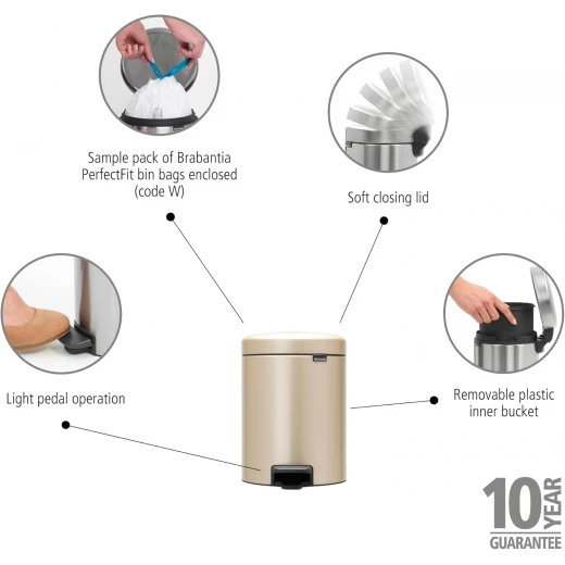 Brabantia NewIcon Pedal Bin 5L Champagne Soft Close Lid, Compact Design, Supports Ocean Cleanup, Stylish Trash Can for Bathroom or Office, 10-Year Guarantee - Brabantia - Image 7