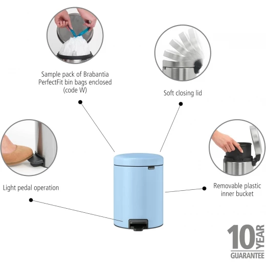 سلة مهملات صغيرة بدواسة من نيو آيكون سعة 5 لتر للحمام أو المرحاض، مزودة بغطاء سهل الإغلاق بدواسة خفيفة مع دلو داخلي قابل للإزالة - قاعدة غير قابلة للانزلاق، لون أزرق حالم، 21 × 27 × 29 سم من برابانتيا - برابانتيا - Image 9