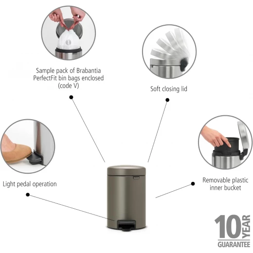 Brabantia NewIcon Pedal Bin 3L Platinum Soft Close Lid, Removable Plastic Inner Bucket, Supports Ocean Cleanup, 10-Year Guarantee Stylish Trash Can for Bathroom or Office - Brabantia - Image 3