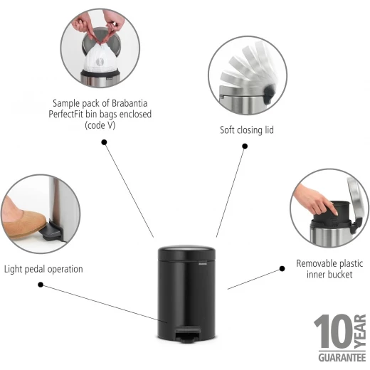 Brabantia NewIcon Pedal Bin 3L Matt Black Soft Closing, Odor-Proof, Eco-Friendly Supports The Ocean Cleanup 23.5 x cm x 16.8 cm x 26.4 cm - Brabantia - Image 4
