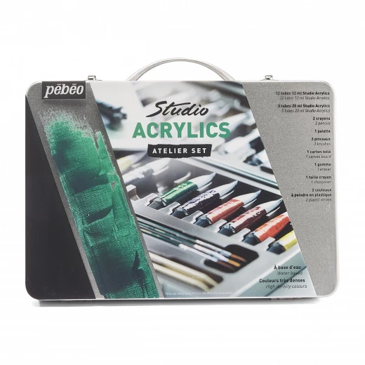 Pebeo Studio Acrylics Metal Atelier Paint Set, Complete Acrylic Painting Kit for Beginners, 17 Assorted Paint Tubes, Brushes, Canvas, Palette, Knives & Accessories Ideal Starter Set