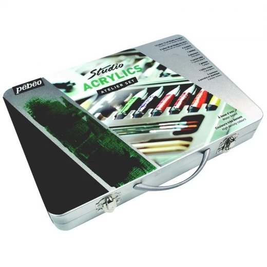 Pebeo Studio Acrylics Metal Atelier Paint Set, Complete Acrylic Painting Kit for Beginners, 17 Assorted Paint Tubes, Brushes, Canvas, Palette, Knives & Accessories Ideal Starter Set - Pebeo - Image 2