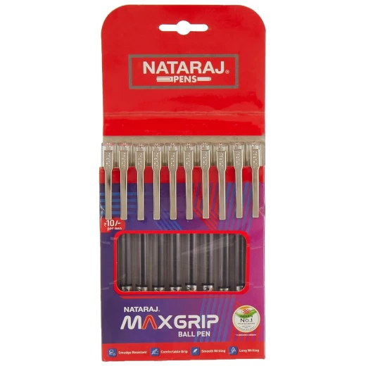 Nataraj Maxgrip Black Ball Pens, 10 PCS Display Box, Smooth Ink Flow, Comfortable Grip, Durable Build, Ideal for School, Office & Everyday Writing Nataraj Maxgrip Black Ball Pens, 10 PCS Display Box, Smooth Ink Flow, Comfortable Grip, Durable Build, Ideal for School, Office & Everyday Writing