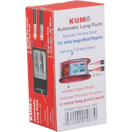 KUM AS2 Two-Hole Automatic Long Point Pencil Sharpener, Red, High-Carbon Steel Blades, Smooth & Precise Sharpening, Compact Polystyrene Container, Durable & Portable - Kum - Image 4