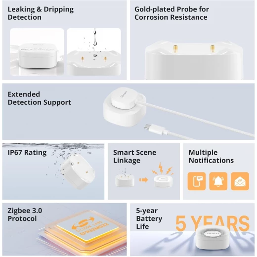 جهاز استشعار تسرب المياه SNZB-05P Zigbee مع كابل كشف لنظام الإنذار وأتمتة المنزل الذكي، كاشف فيضانات لاسلكي صغير للمطبخ والحمام والبدروم، عبوة واحدة - سونوف - Image 3